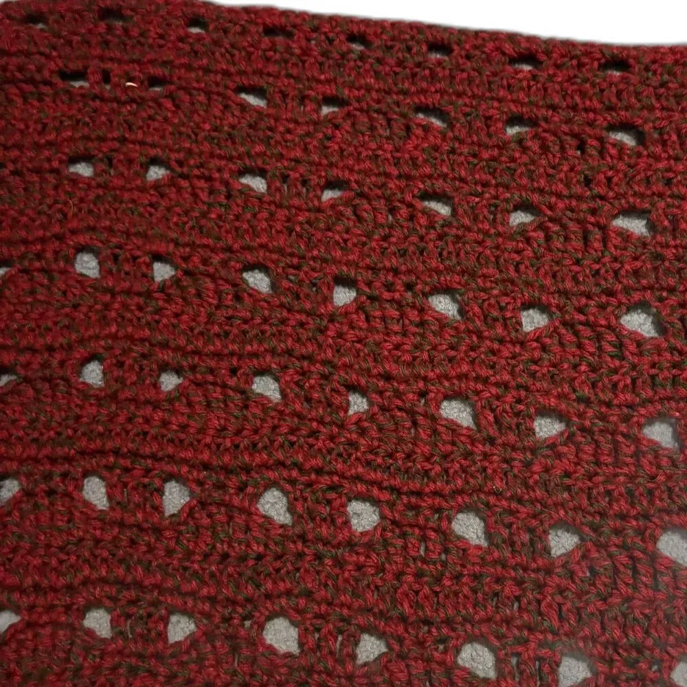Vtg Christmas Afghan Red hint of Green Handmade open lacy stitch 59 x 43 inches